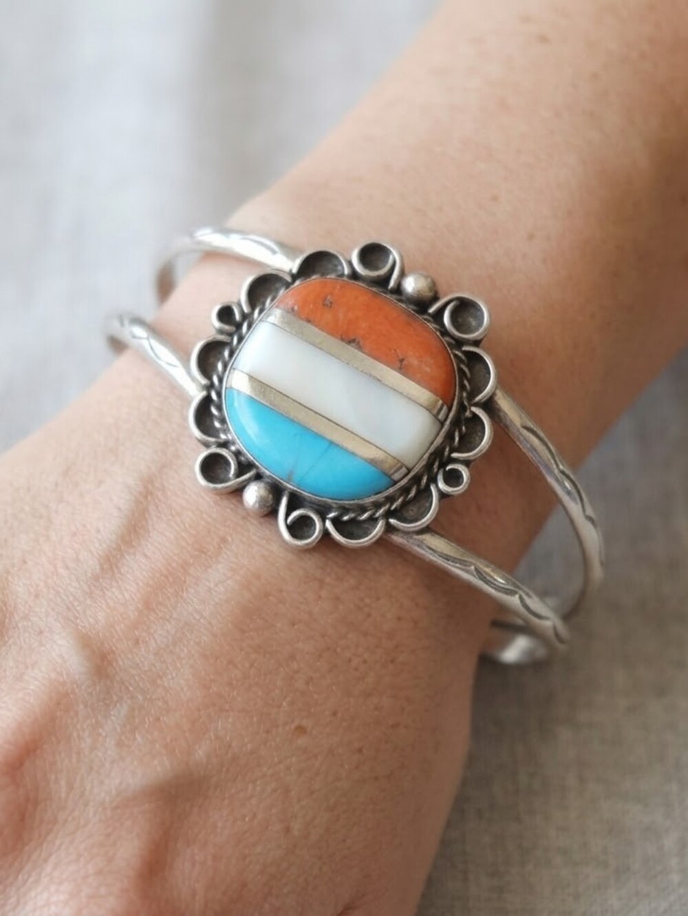 Vintage Navajo Sterling Silver Gemstones Cuff Bracelet Coral, MOP, Turquoise 22g